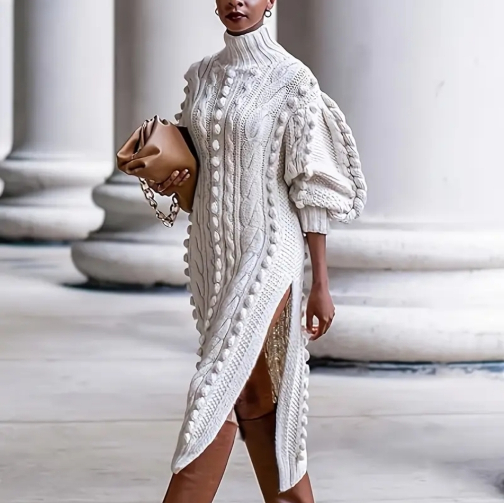 Women's Elegant Turtleneck Sweater-like dress - Long Puff Bell Sleeves, Flared